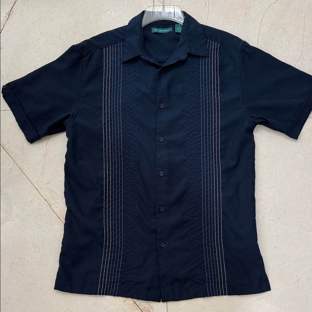 Cubavera Navy Blue Short Sleeve Button Down Embroidered Shirt